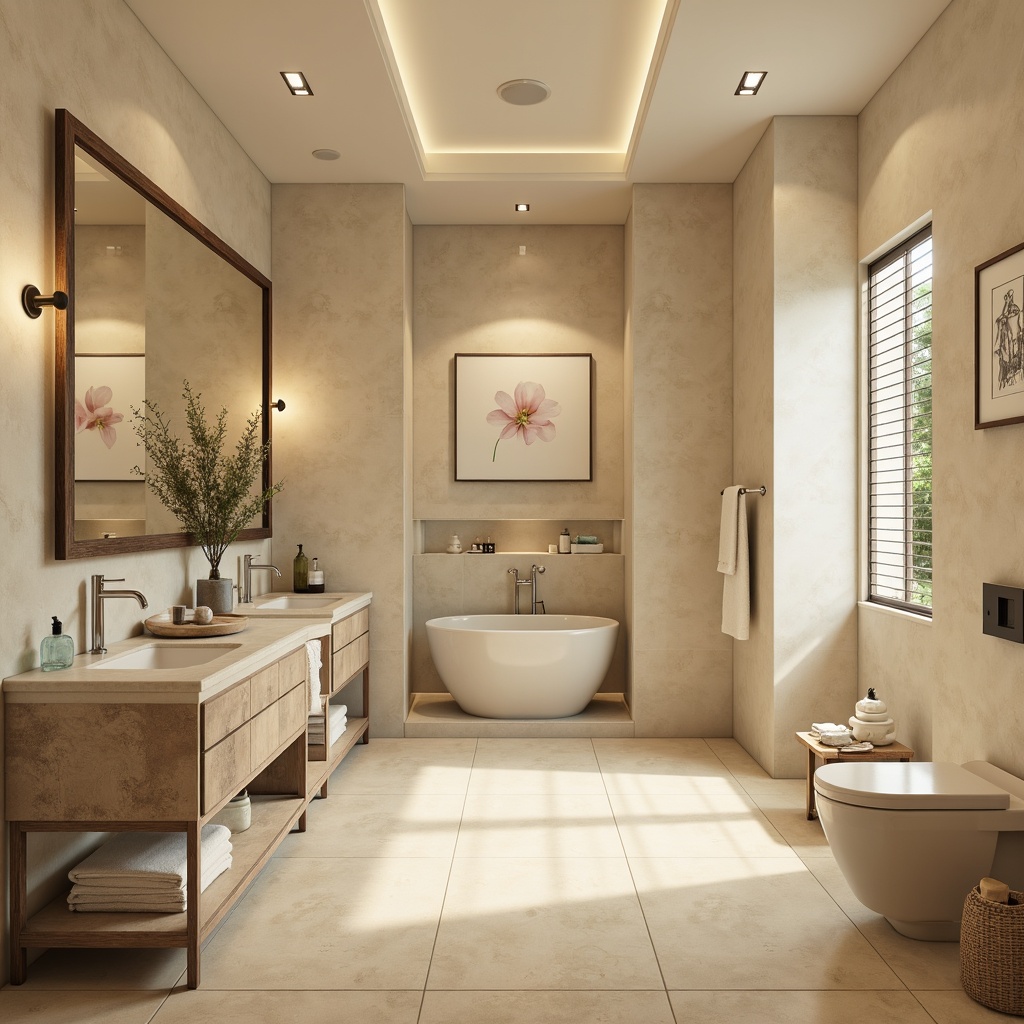 Prompt: Elegant bathroom, soft creamy walls, warm beige floor tiles, sleek chrome fixtures, modern vanity design, natural stone countertops, calming blue-green glass accents, spa-inspired ambiance, relaxing atmosphere, gentle lighting, 3/4 composition, shallow depth of field, panoramic view, realistic textures, ambient occlusion.