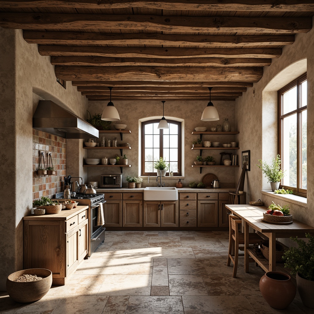 Prompt: Rustic kitchen, worn wooden beams, earthy color palette, natural stone flooring, reclaimed wood planks, distressed finishes, vintage appliances, ceramic tiles, terracotta pots, woven baskets, pendant lamps, warm cozy atmosphere, soft diffused lighting, shallow depth of field, 2/3 composition, realistic textures, ambient occlusion.