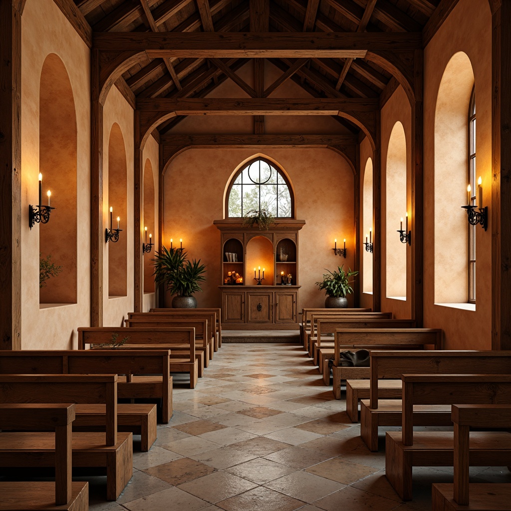 Prompt: Tranquil monastery interior, earthy terracotta walls, soft candlelit ambiance, worn stone floors, wooden prayer benches, rustic wooden beams, vaulted ceilings, stained glass windows, muted golden lighting, subtle texture overlays, warm beige tones, creamy whites, rich wood accents, ornate metalwork details, serene atmosphere, shallow depth of field, 1/1 composition, realistic renderings, ambient occlusion.