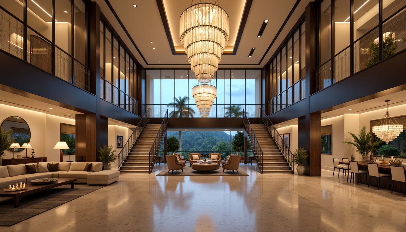 Prompt: Modern luxury villa, grand entrance, high ceilings, ornate chandeliers, floor-to-ceiling windows, sleek metal railings, minimalist decor, ambient warm lighting, recessed LED lights, pendant lamps, crystal fixtures, marble floors, lavish furnishings, dramatic staircases, spacious open-plan living areas, elegant dining rooms, sophisticated kitchens, 1/1 composition, softbox lighting, realistic reflections.