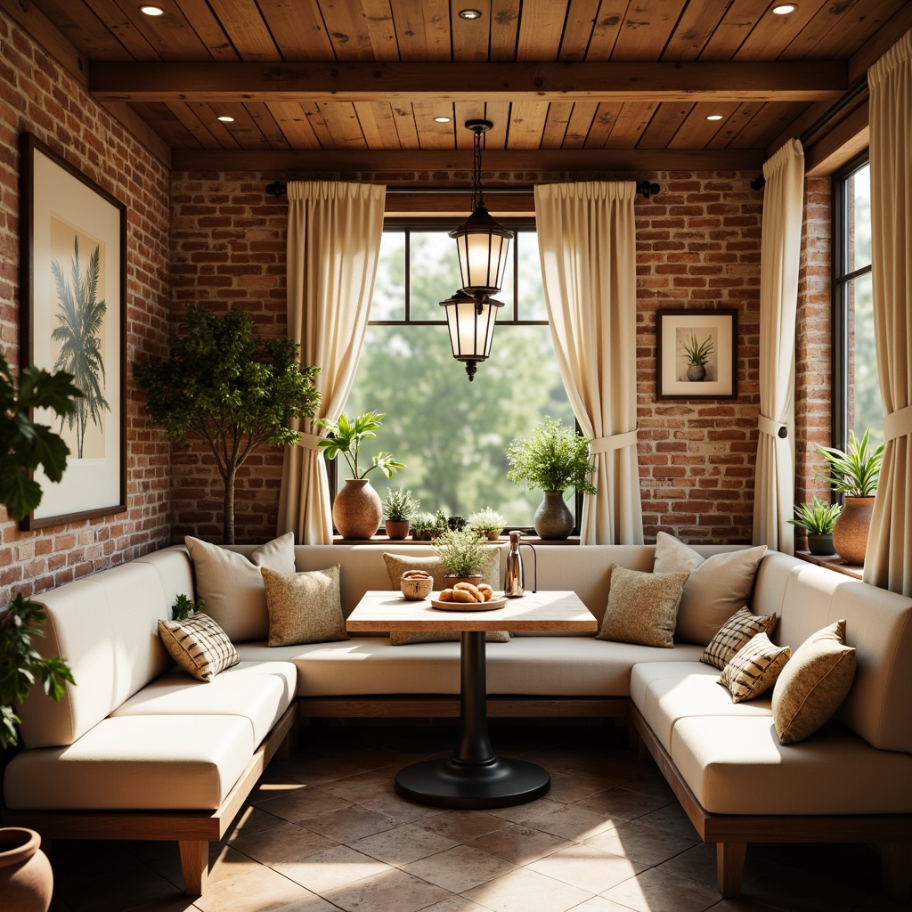 Prompt: Cozy breakfast nook, warm wooden tones, soft cream colors, rustic brick walls, vintage metal lanterns, pendant lights with frosted glass shades, warm white LED lighting, recessed ceiling fixtures, decorative metal straps, classic schoolhouse-style lighting, distressed wood accents, comfortable cushioned banquettes, built-in shelving, earthy terracotta pots, lush greenery, sunny morning light, shallow depth of field, 1/1 composition, realistic textures.