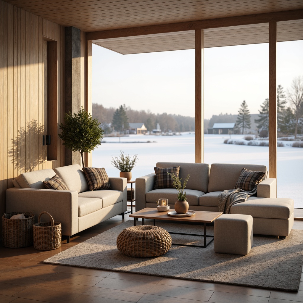 Prompt: Minimalist living room, light wood tones, natural textures, cozy atmosphere, comfortable sofas, plush throw pillows, wooden coffee tables, sleek metal legs, geometric patterns, soft warm lighting, Nordic-inspired decor, woven baskets, potted plants, large windows, snow-covered scenery, frozen lakes, morning mist, gentle sunlight, shallow depth of field, 3/4 composition, realistic textures, ambient occlusion.