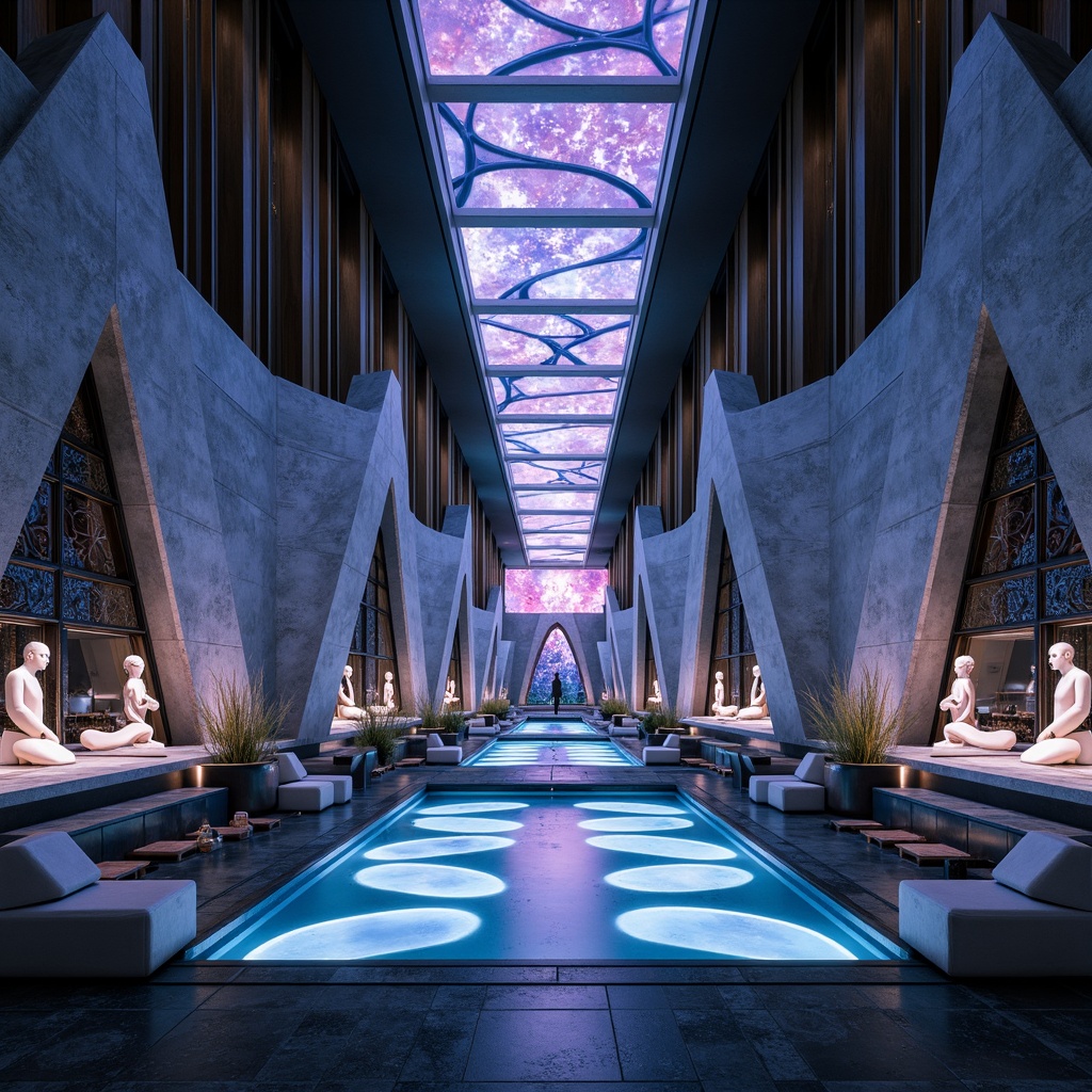 Prompt: Futuristic monastery, angular lines, minimalist design, sacred geometries, cosmic patterns, neon-lit corridors, holographic altarpieces, levitating sculptures, iridescent stained glass, celestial-inspired murals, meditation areas, contemplative ambiance, soft pulsing lighting, shallow depth of field, 3/4 composition, panoramic view, realistic textures, ambient occlusion, vast open spaces, futuristic materials, eco-friendly architecture, sustainable energy systems, water conservation features, green roofs, innovative cooling technologies, shaded outdoor areas, misting systems.