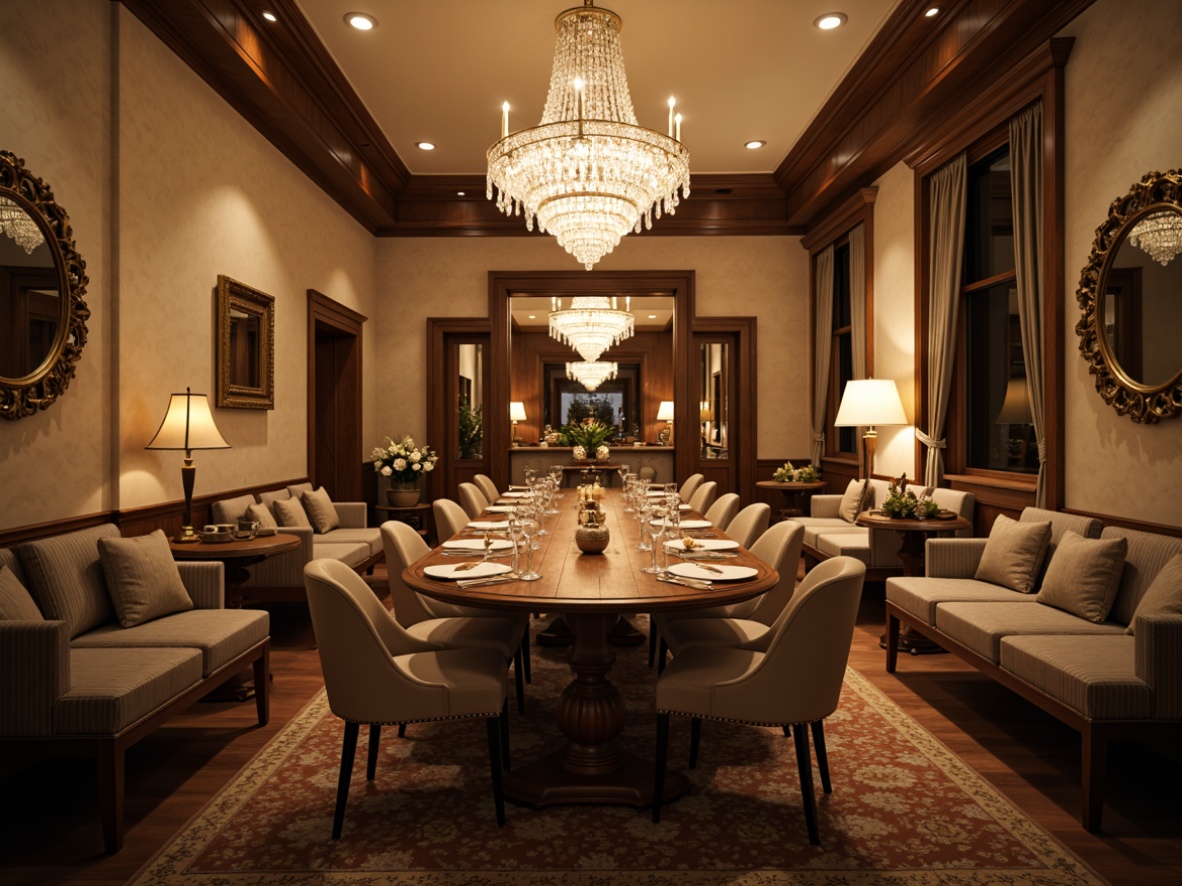 Prompt: Elegant dining room, crystal chandelier, soft warm glow, ambient lighting, pendant lights, rustic wooden table, comfortable seating, luxurious fabrics, rich wood tones, ornate mirrors, sophisticated decor, intimate atmosphere, cozy corner nook, delicate glassware, fine dining essentials, creamy whites, earthy browns, warm beige tones, subtle shadows, gentle highlight, 1/2 composition, soft focus, realistic reflections.