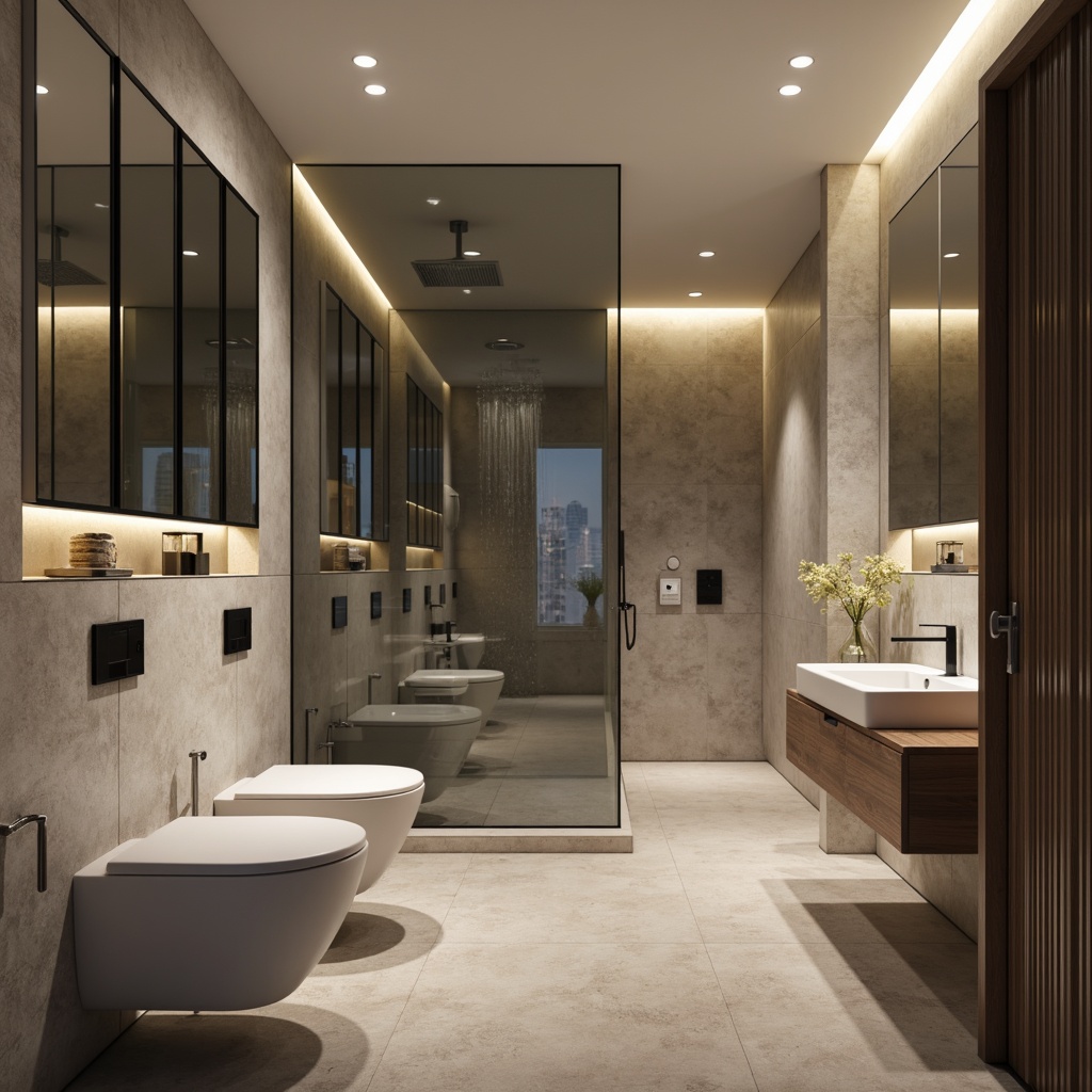 Prompt: Modern bathroom interior, sleek sanitary ware, wall-mounted toilets, minimalist sink basins, chrome faucets, spacious walk-in showers, glass enclosure, rainfall showerheads, heated flooring, ambient LED lighting, soft warm glow, 3/4 composition, shallow depth of field, realistic textures, ambient occlusion.