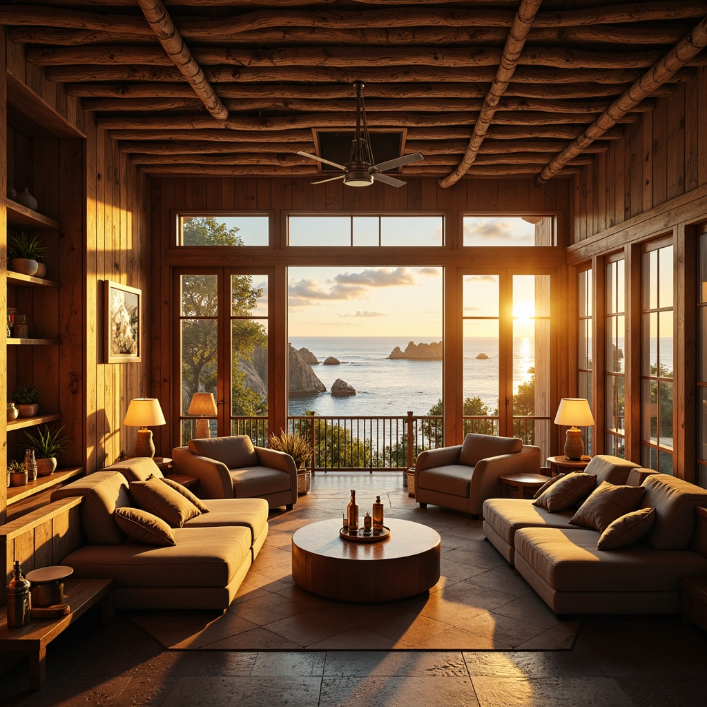 Prompt: Warm cinematic ambiance, coastal-themed interior design, soft golden lighting, ocean-inspired color palette, driftwood accents, nautical ropes, glass pendant lamps, sleek metal fixtures, ambient floor lamps, cozy seating areas, plush velvet sofas, reclaimed wood walls, natural stone flooring, abstract wave patterns, calming ocean views, dramatic ceiling heights, atmospheric misting effects, cinematic spotlighting, 1/1 composition, low-key lighting, realistic reflections, subtle lens flares.