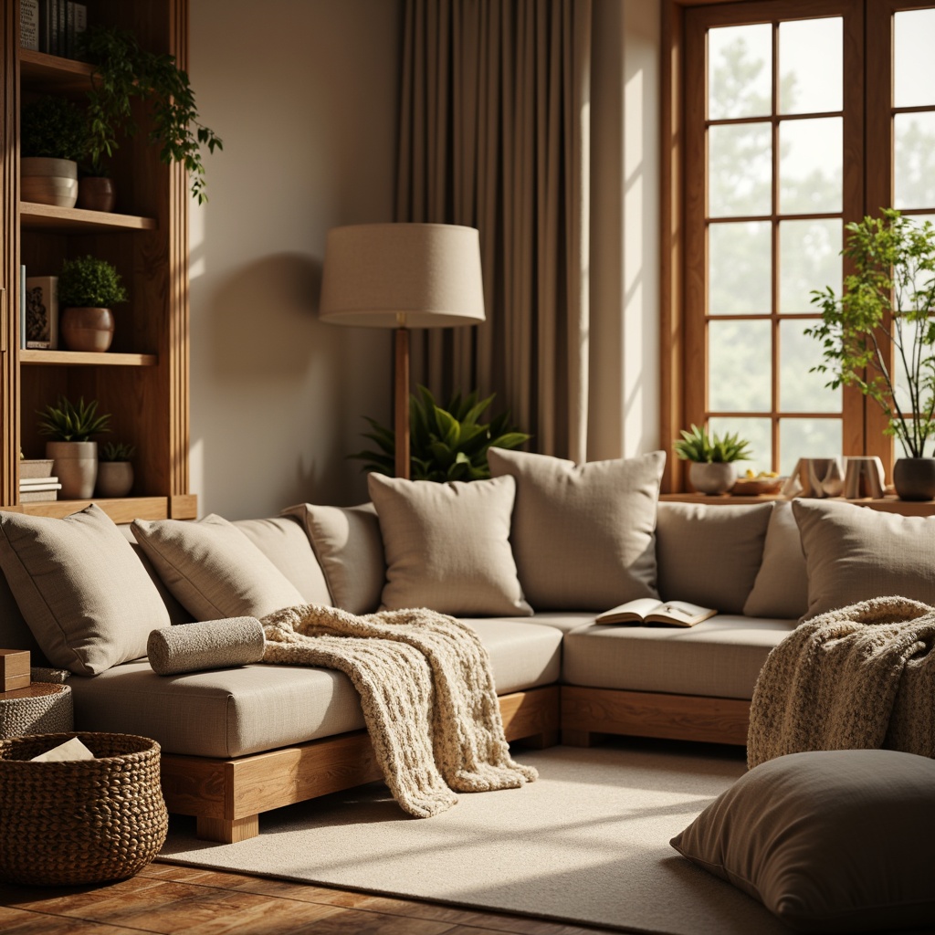 Prompt: Velvety soft throw blankets, plush cushions, warm beige tones, rustic wooden accents, woven baskets, natural linen fabrics, earthy color palette, comfortable reading nook, floor lamps, softbox lighting, shallow depth of field, 3/4 composition, inviting atmosphere, cozy corner, warm golden lighting, realistic textures, ambient occlusion.