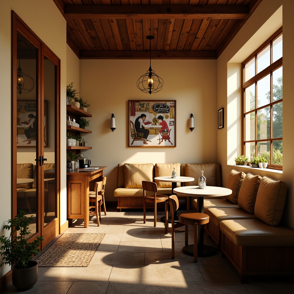 Prompt: Cozy breakfast nook, warm beige walls, rich wood tones, comfortable seating arrangement, plush cushions, rounded tables, elegant chairs, soft warm lighting, natural stone flooring, rustic wooden accents, vintage metal decorations, classic educational posters, subtle aroma of freshly brewed coffee, gentle morning sunlight, shallow depth of field, 1/1 composition, realistic textures, ambient occlusion.