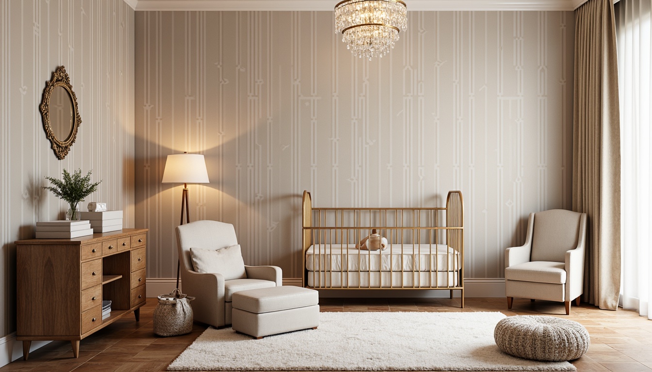 Prompt: Luxurious baby nursery, soft pastel colors, ornate metal cribs, velvet upholstery, rich wood tones, geometric patterns, art deco inspired wallpaper, crystal chandeliers, plush area rugs, rounded furniture edges, creamy whites, gentle warm lighting, shallow depth of field, 1/1 composition, elegant curved lines, luxurious fabrics, intricate carvings.