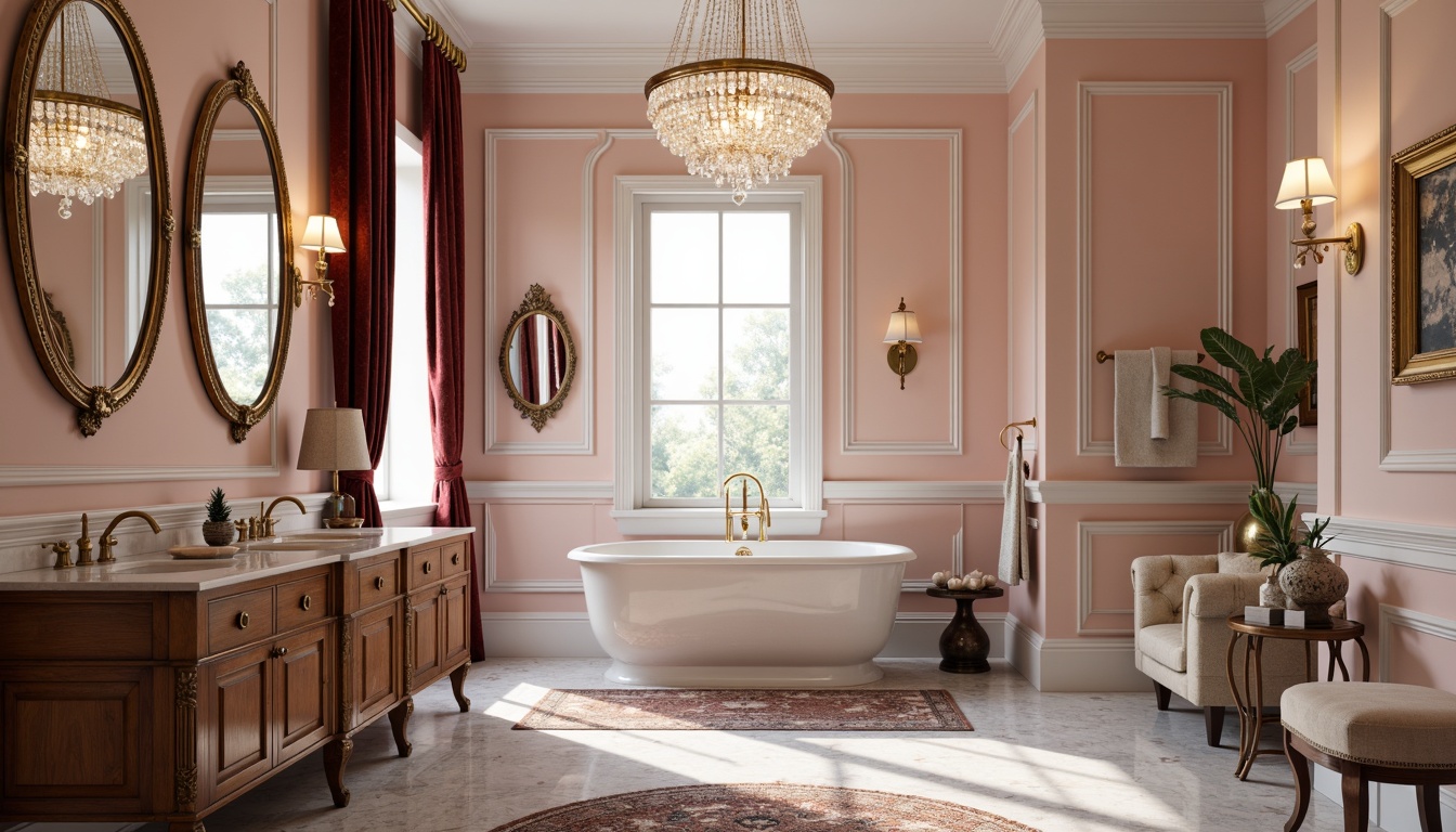 Prompt: Elegant powder room, luxurious velvet drapes, ornate gold mirrors, crystal chandeliers, soft pink walls, marble countertops, antique wooden cabinets, delicate porcelain sinks, intricately patterned rugs, refined minimalist decor, warm ambient lighting, subtle scenting, elegant freestanding tubs, ornamental metalwork, lavish upholstered stools, sophisticated wall art, classic contemporary fusion style.