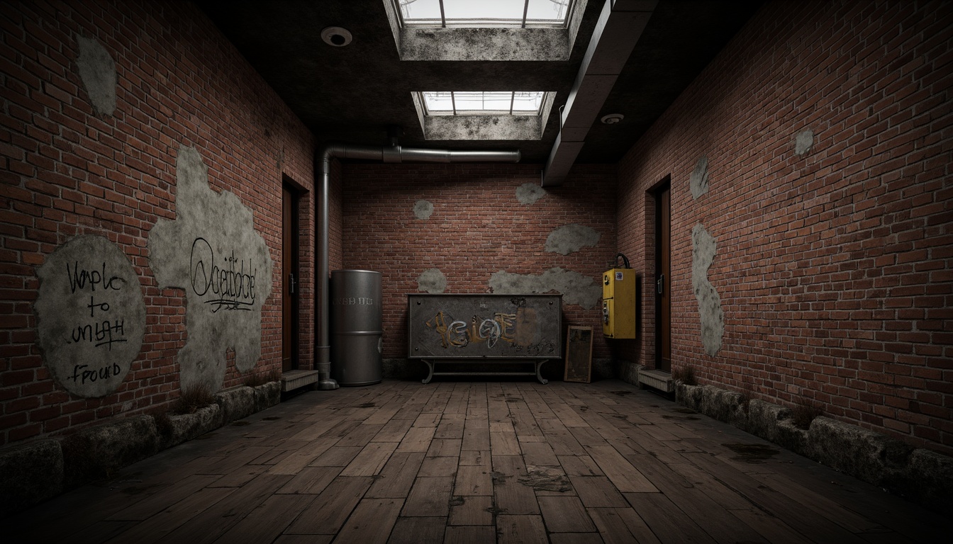 Prompt: Distressed brick walls, rustic stone textures, worn wooden planks, vintage metal accents, ornate plaster details, faded graffiti, peeling paint, exposed ductwork, industrial pipes, dimly lit atmosphere, moody shadows, cinematic lighting, shallow depth of field, 1/2 composition, realistic renderings, ambient occlusion.