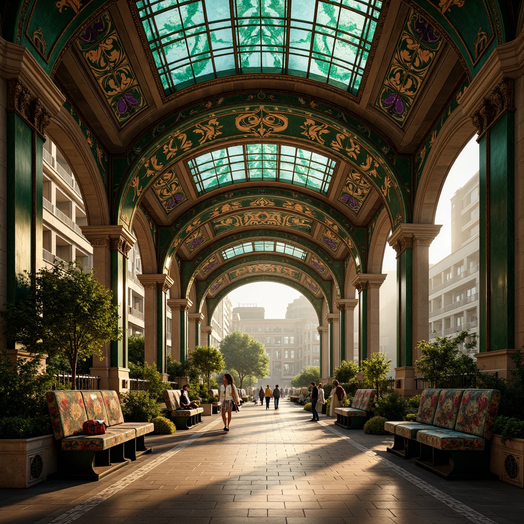 Prompt: Intricate ornate bus stations, flowing curvilinear lines, organic botanical motifs, rich jewel-toned colors, emerald green, sapphire blue, amethyst purple, gold leaf accents, iridescent glass mosaics, warm golden lighting, soft focus, shallow depth of field, 1/2 composition, symmetrical framing, ornate metalwork, luxurious velvet textures, antique bronze finishes, Art Nouveau typography, whimsical illustrations, dreamy atmospheric effects.