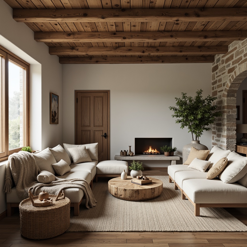 Prompt: Cozy living room, natural wood accents, woven textiles, plush throw blankets, soft cushions, Nordic-inspired furniture, minimalist decor, neutral color palette, organic shapes, matte finishes, linen upholstery, stone walls, wooden floors, subtle lighting, warm ambient glow, 1/1 composition, intimate atmosphere, realistic wood grain textures, atmospheric fog.