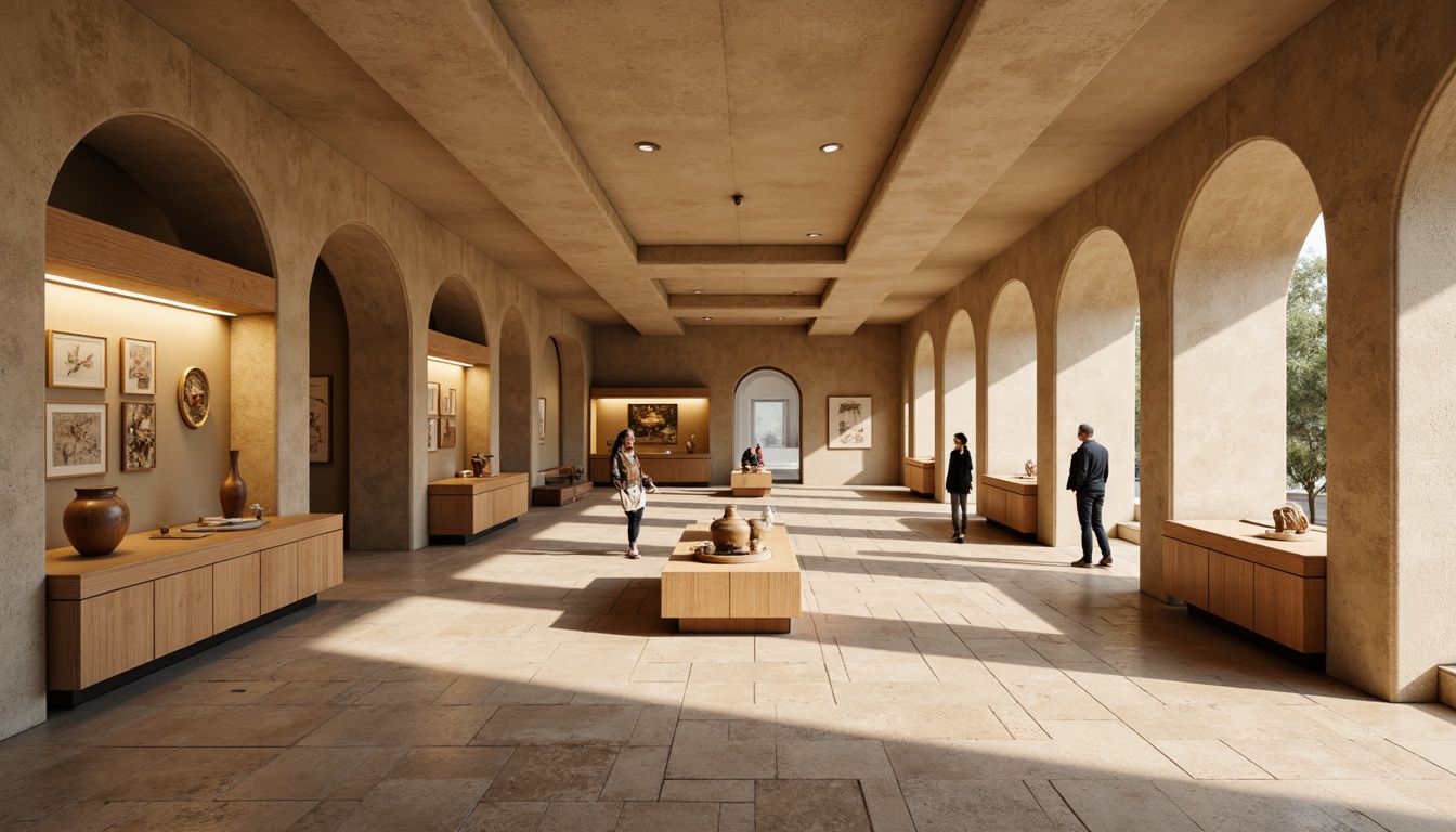 Prompt: Museum interior, sandy beige walls, rough-hewn stone floors, glass display cases, wooden exhibits, natural light filtering, warm atmosphere, organic textures, earthenware ceramics, fossil displays, desert-inspired patterns, minimalist decor, subtle color palette, softbox lighting, shallow depth of field, 1/1 composition, realistic renderings.