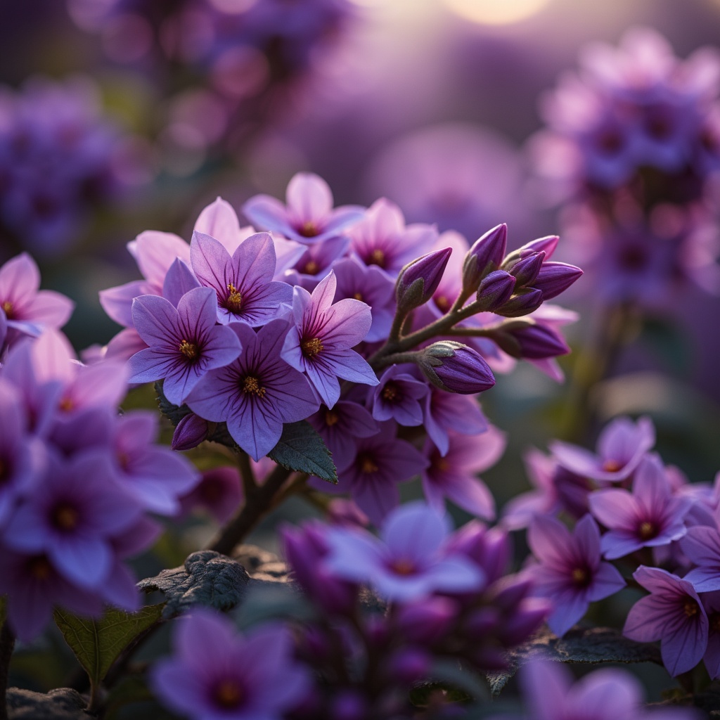 Prompt: Rich plum tones, luxurious lavender hues, velvety violet shades, deep eggplant accents, metallic amethyst highlights, soft lilac undertones, pastel purple gradients, iridescent sheen, warm golden lighting, shallow depth of field, 1/1 composition, intimate close-up shots, realistic textures, ambient occlusion.