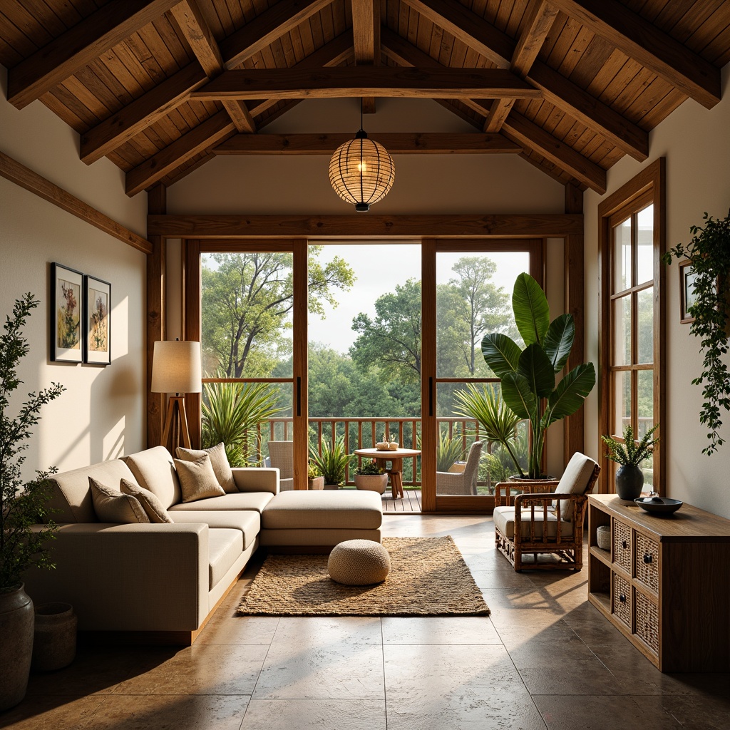 Prompt: Rustic farmhouse interior, natural wood accents, earthy tone color palette, woven bamboo furniture, traditional Asian motifs, sliding shoji doors, paper lanterns, lush greenery, potted plants, wooden beams, stone flooring, minimal ornamentation, warm soft lighting, 1/1 composition, intimate atmosphere, cozy textures, subtle shadows.