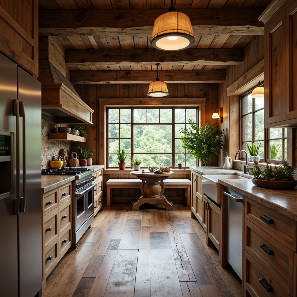 Prompt: Rustic kitchen, wooden cabinetry, earthy tones, natural textures, vintage hardware, distressed finishes, exposed beams, stone countertops, warm pendant lighting, cozy breakfast nook, lush greenery, farmhouse sink, apron-front cabinets, decorative trim work, soft morning light, shallow depth of field, 1/2 composition, intimate atmosphere, realistic wood grains, ambient occlusion.