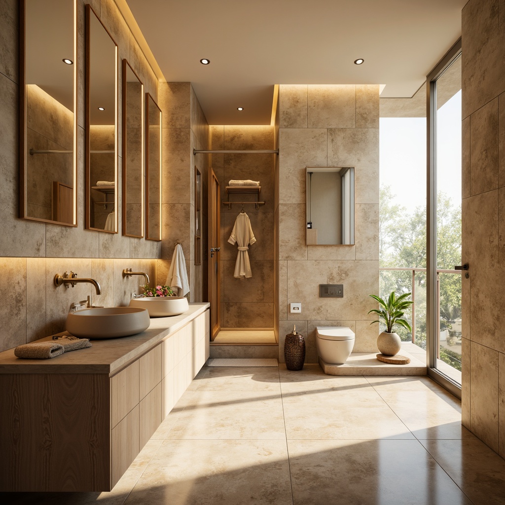 Prompt: Luxurious bathroom oasis, soft warm glow, LED light strips, recessed lighting, ambient illumination, polished chrome fixtures, gleaming glass tiles, spa-inspired ambiance, natural stone walls, floor-to-ceiling windows, bright morning sunlight, warm beige tones, elegant mirror reflections, subtle shadowing, 1/2 composition, realistic textures, atmospheric rendering.