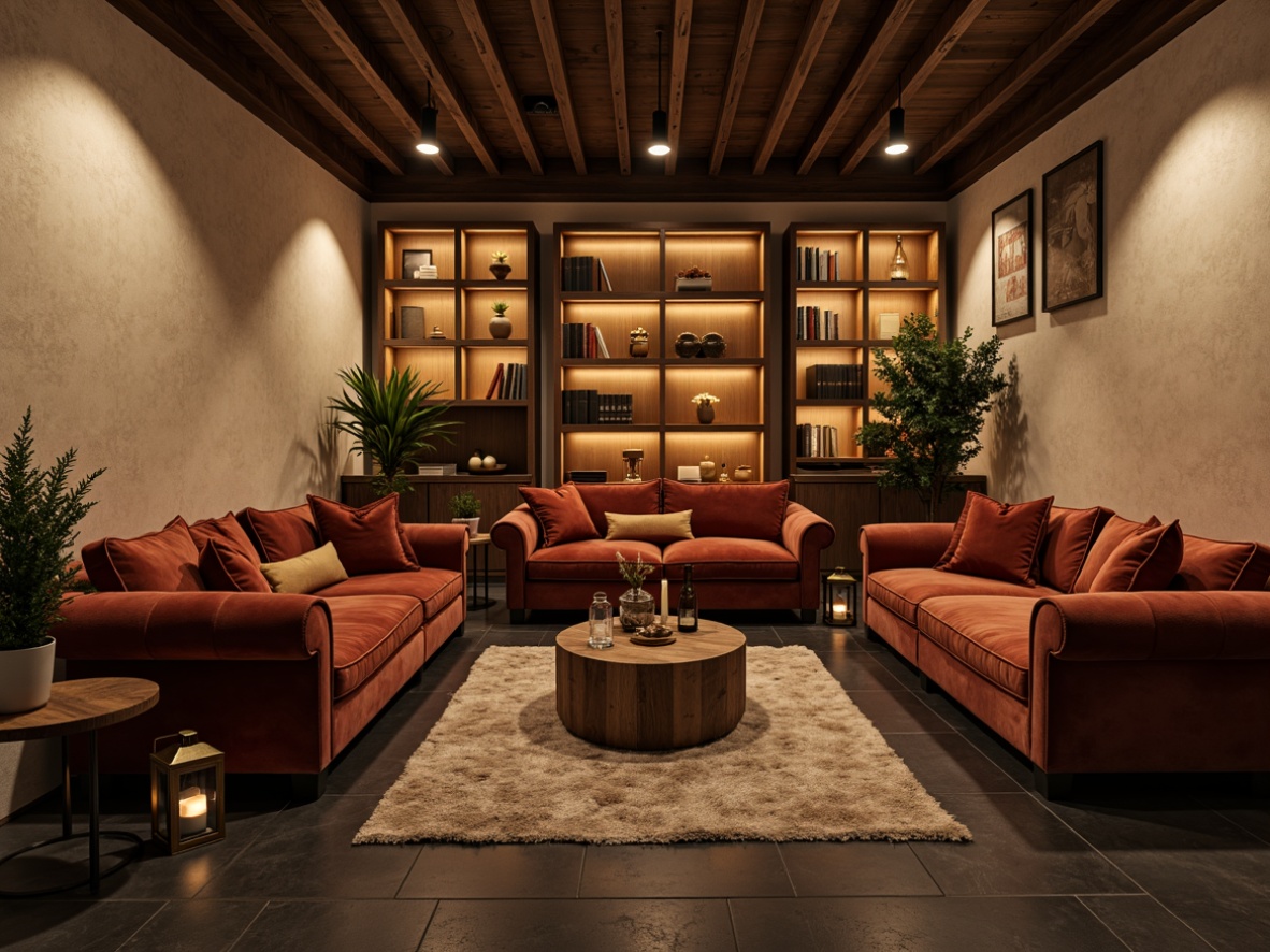 Prompt: Cozy basement, warm earthy tones, rich wood accents, soft cream walls, dark gray stone flooring, comfortable velvet sofas, vintage metal lanterns, dim warm lighting, intimate atmosphere, natural textiles, organic shapes, 1/2 composition, shallow depth of field, realistic renderings, ambient occlusion.