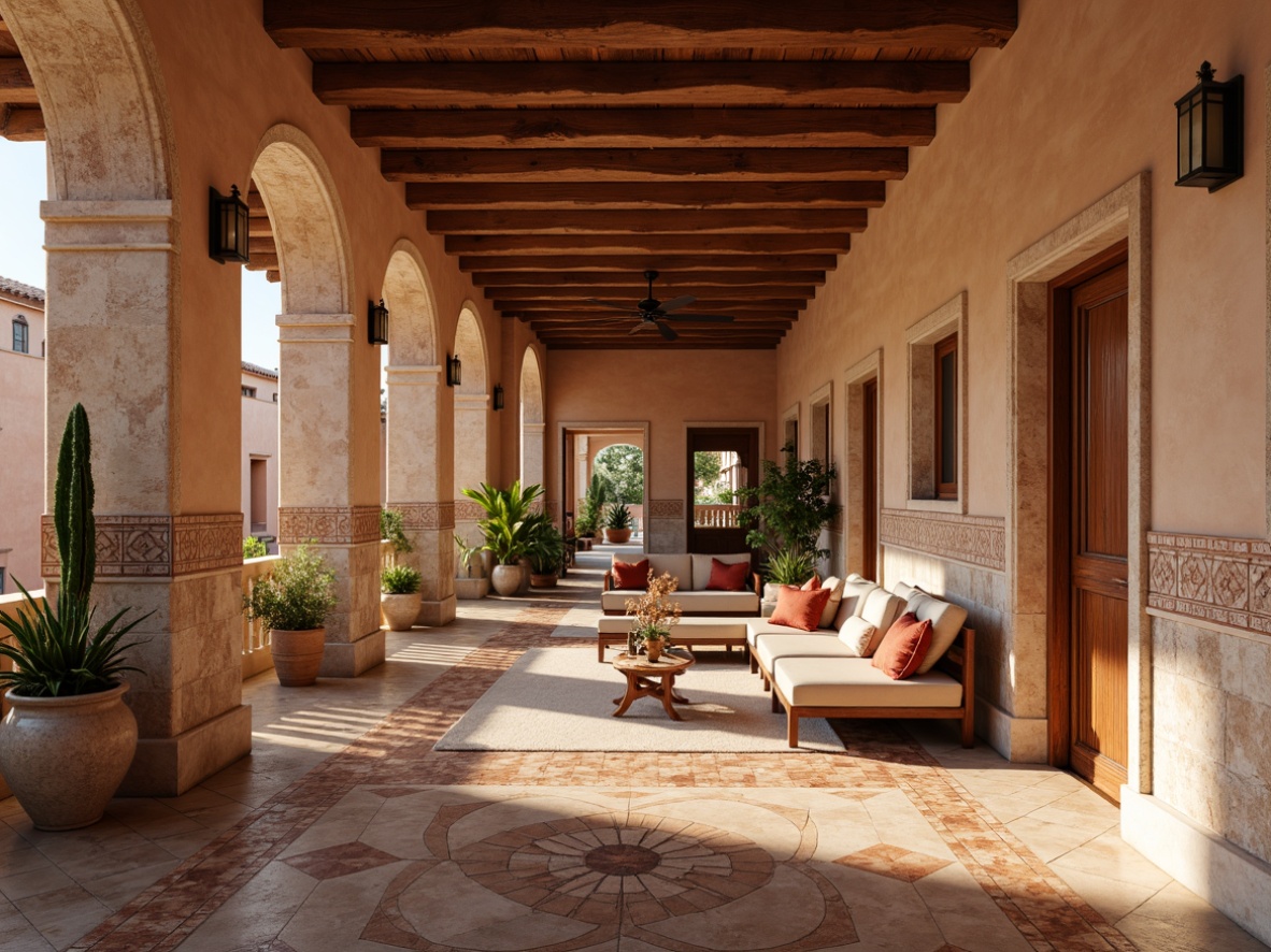 Prompt: Warm Mediterranean-style apartment, rustic terracotta tiles, earthy brown hues, textured stone surfaces, distressed wood flooring, reclaimed wooden planks, creamy marble accents, ornate mosaic patterns, sun-kissed ceramic tiles, soft warm lighting, shallow depth of field, 3/4 composition, panoramic view, realistic textures, ambient occlusion.