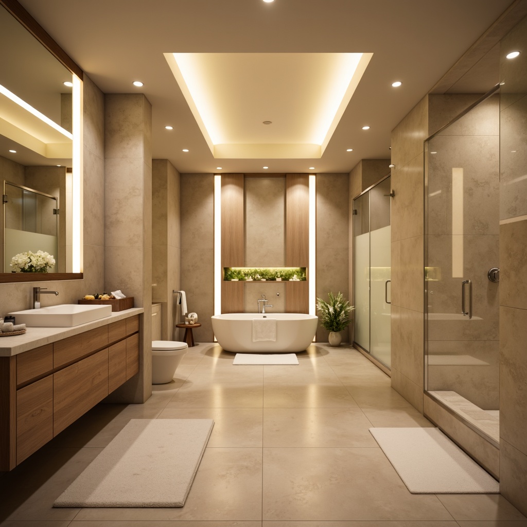 Prompt: Luxurious bathroom ambiance, soft warm glow, LED light strips, recessed lighting, frosted glass diffusers, polished chrome fixtures, modern minimalist design, freestanding tubs, rainfall showerheads, marble countertops, sleek cabinetry, ambient mood lighting, warm beige tones, spa-inspired atmosphere, natural stone flooring, wall-mounted vanities, linear drain systems, soft focus photography, 1/2 composition, shallow depth of field.