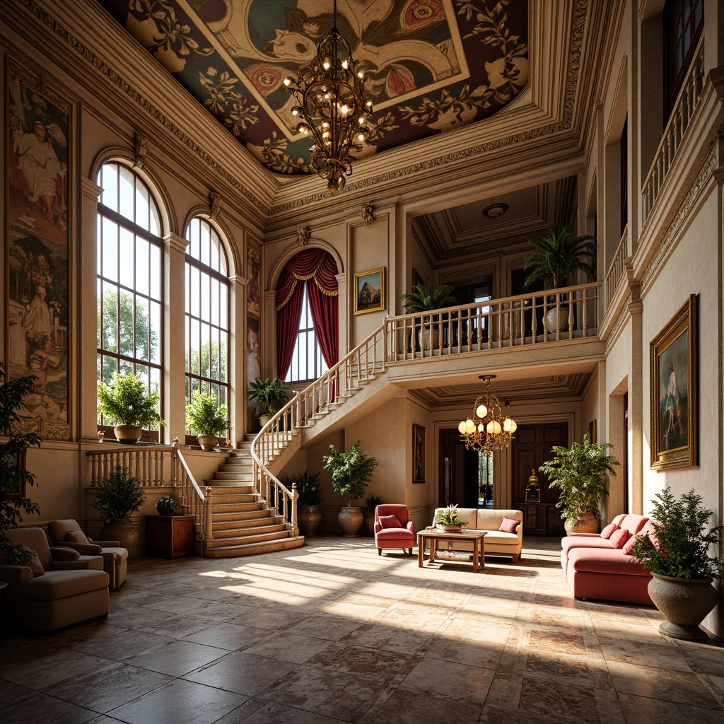 Prompt: Grand Renaissance mansion, ornate stone carvings, intricate marble floors, sweeping staircases, lavish chandeliers, ornamental plaster ceilings, richly colored tapestries, gilded furniture frames, velvet drapes, Baroque-inspired wood paneling, frescoed walls, arched windows, balconies with ornate metalwork, symmetrical fa\u00e7ade, rustic stone foundations, manicured gardens, fountain features, sunny afternoon light, warm golden illumination, shallow depth of field, 1/2 composition, realistic textures, ambient occlusion.