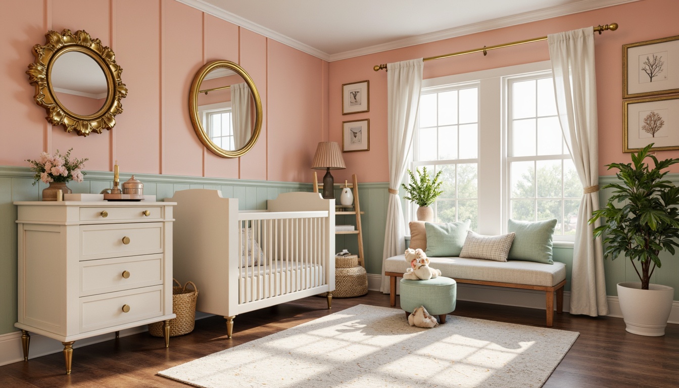 Prompt: Pastel-hued nursery, soft peach walls, creamy white furniture, gentle mint green accents, rich wood tones, luxurious velvet fabrics, metallic gold hardware, ornate mirrors, geometric patterns, chevron designs, vintage-inspired decorations, warm candlelight, cozy reading nook, plush area rug, delicate floral arrangements, Art Deco-style motifs, sophisticated color blocking, 1/1 composition, warm soft focus, realistic textures, ambient lighting.