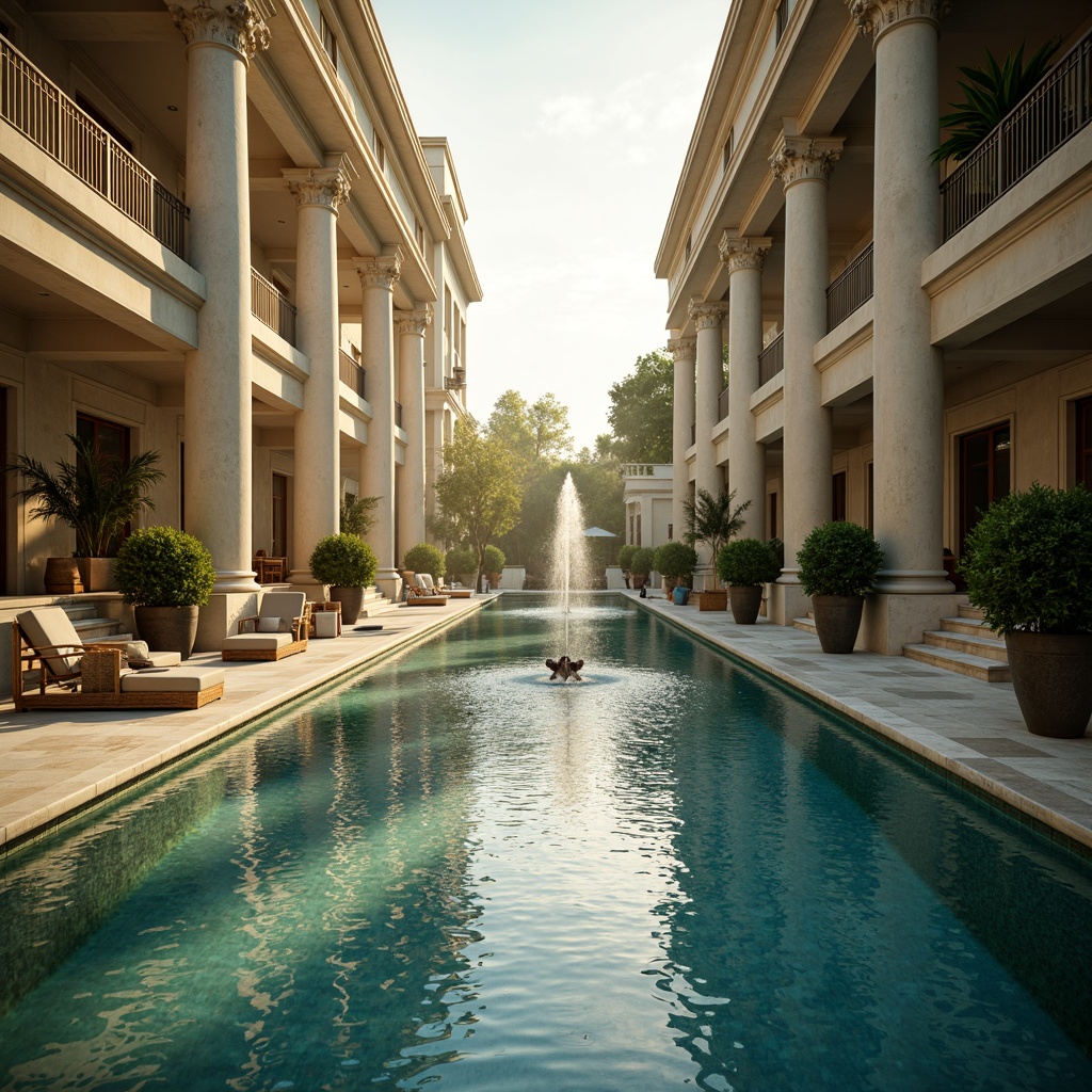 Prompt: Elegant neoclassical pool, symmetrical architecture, ornate columns, grand staircases, crystal clear water, subtle rippling effects, warm golden lighting, soft sunbeams, dramatic spotlights, shimmering reflections, delicate fountain features, marble flooring, intricate tile work, lush greenery surroundings, serene ambiance, misty atmosphere, cinematic composition, 1/2 camera angle, shallow depth of field, realistic rendering.