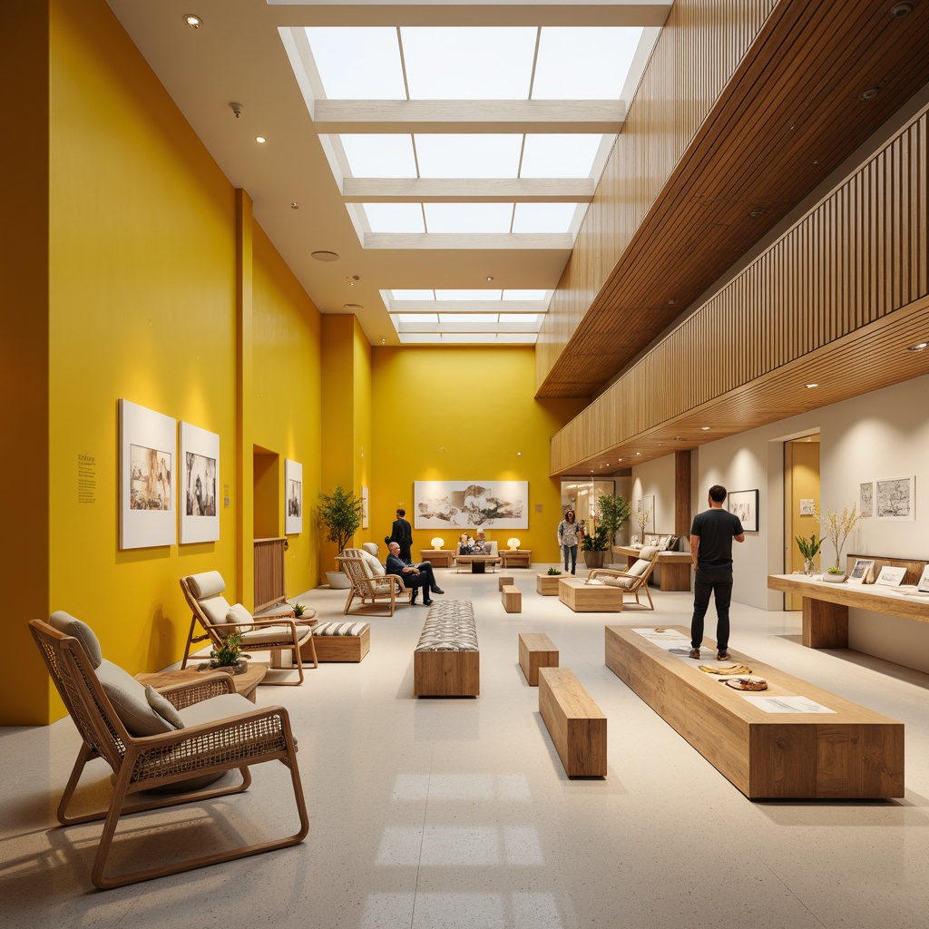 Prompt: Vibrant yellow accents, natural wood tones, minimalist design, Nordic-inspired furniture, geometric patterns, subtle textures, soft warm lighting, shallow depth of field, 3/4 composition, panoramic view, realistic materials, ambient occlusion, Scandinavian modern architecture, open floor plan, high ceilings, clerestory windows, neutral color background, cultural artifacts display, museum interior design, interactive exhibits, educational graphics, informative signage.