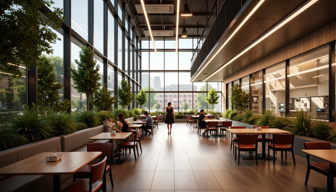 Prompt: Modern university cafeteria, high ceilings, large windows, natural light, warm ambiance, pendant lighting fixtures, suspended ceiling lamps, LED strips, wooden tables, comfortable chairs, greenery walls, living plants, earthy tones, soft warm glow, shallow depth of field, 1/1 composition, realistic textures, ambient occlusion.