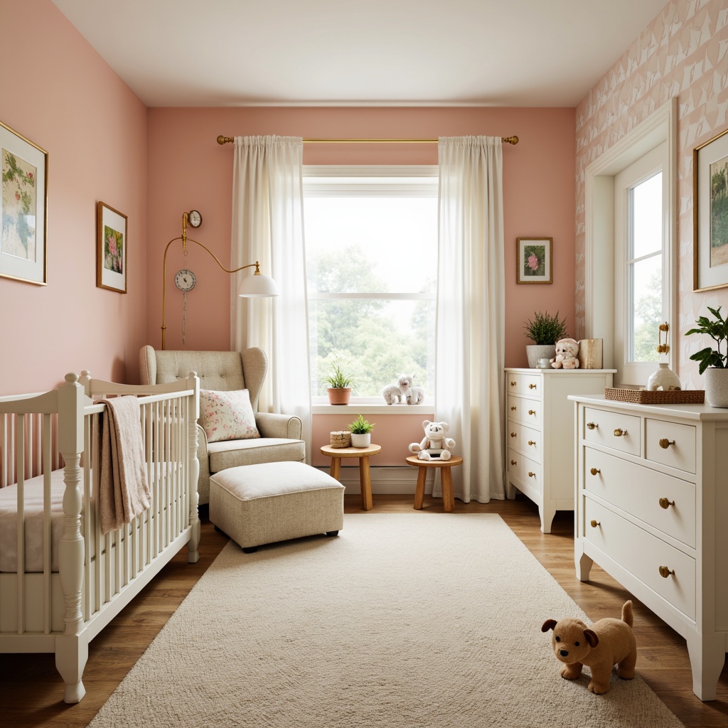 Prompt: Pastel-hued nursery, soft peach walls, creamy white furniture, gentle mint accents, warm beige carpeting, metallic gold hardware, ornate wooden crib, vintage-inspired wallpaper, geometric patterns, subtle sheen, indirect lighting, cozy reading nook, plush toys, delicate floral motifs, whimsical mobiles, serene atmosphere, shallow depth of field, 1/2 composition, soft focus, warm color temperature.