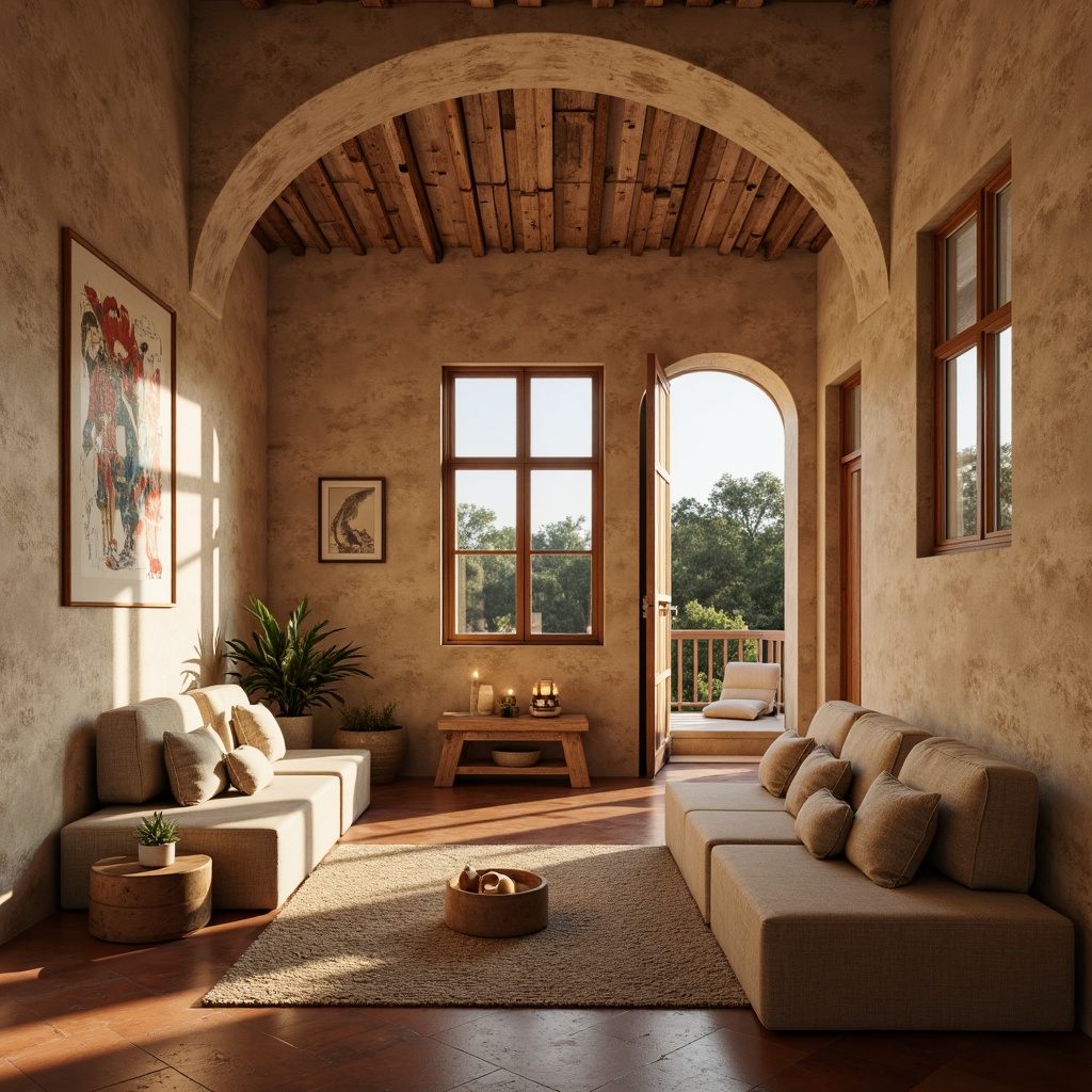 Prompt: Warm beige stone walls, rustic wooden accents, soft candlelight, serene atmosphere, minimalist decor, natural textiles, earthy tones, terracotta flooring, arched windows, vaulted ceilings, ornate frescoes, subtle gold details, creamy whites, muted reds, calming blues, gentle greens, ambient warm lighting, shallow depth of field, 1/1 composition, realistic textures, ambient occlusion.