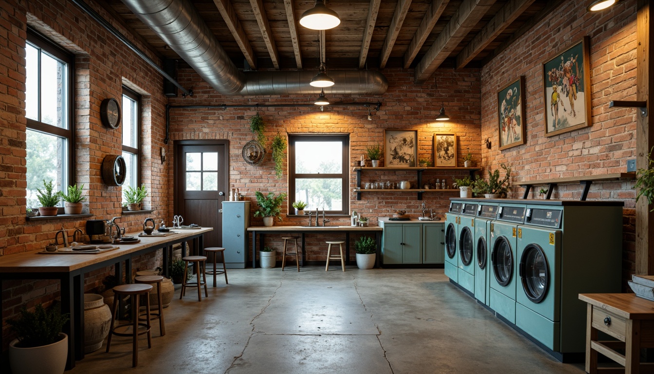 Prompt: Vintage laundry interior, distressed brick walls, rustic wooden beams, industrial metal pipes, exposed ductwork, worn concrete floors, faded pastel colors, ornate antique washing machines, retro-style lighting fixtures, soft warm glow, cozy ambiance, shallow depth of field, 1/1 composition, intimate close-up shots, realistic textures, ambient occlusion.