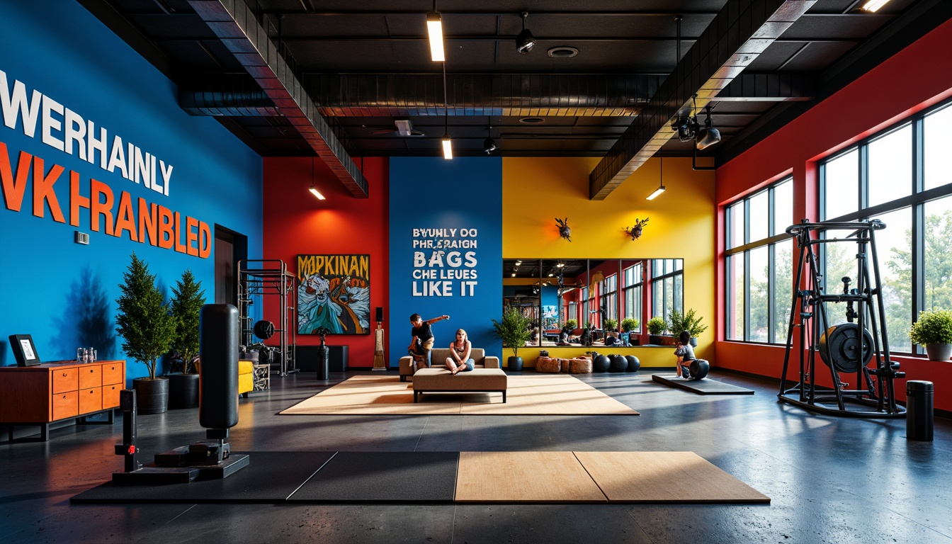 Prompt: Vibrant home gym, bold athletic equipment, motivational quotes, rubber flooring, mirrored walls, bright overhead lighting, energetic color scheme, deep blues, fiery reds, electric yellows, industrial metal accents, modern minimalist decor, sleek fitness machines, dynamic weightlifting areas, invigorating natural light, shallow depth of field, 3/4 composition, panoramic view.