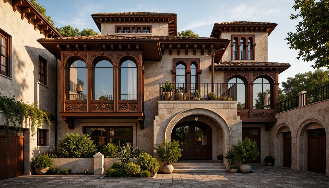 Prompt: Ornate Renaissance-style mansion, intricately carved wooden window frames, stained glass panes, ornamental metalwork, rustic stone walls, asymmetrical facades, grand entranceways, sweeping archways, classical columns, symmetrical balconies, curved lines, ornate cornices, decorative pediments, warm golden lighting, soft natural textures, 1/2 composition, shallow depth of field, realistic reflections.