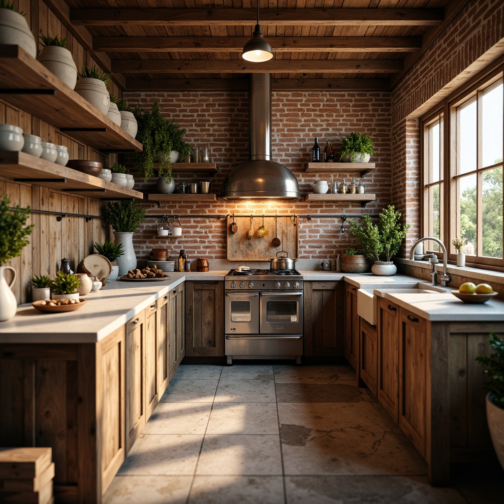 Prompt: Rustic kitchen, reclaimed wood cabinetry, earthy tone countertops, worn metal hardware, exposed brick walls, vintage farmhouse sink, wooden beams, warm pendant lighting, natural stone flooring, soft warm colors, cozy atmosphere, shallow depth of field, 1/1 composition, realistic textures, ambient occlusion.