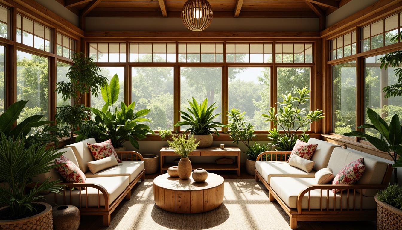 Prompt: Serenely lit sunroom, lush greenery, exotic plants, natural wood accents, woven bamboo furniture, paper lanterns, sliding shoji screens, Asian-inspired pottery, intricately carved wooden panels, warm beige tones, soft diffused lighting, shallow depth of field, 1/1 composition, intimate atmosphere, vibrant colorful throw pillows, delicate cherry blossom patterns.