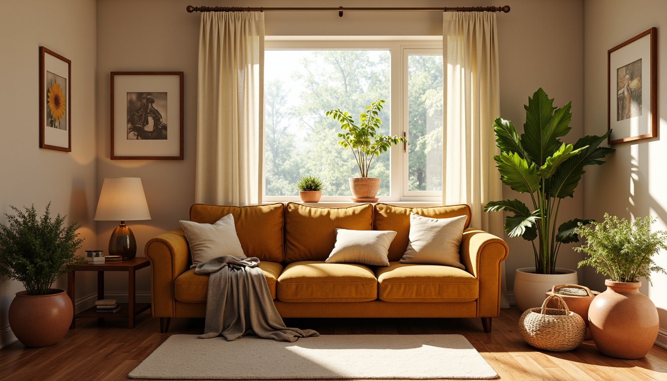 Prompt: Cozy living room, warm beige walls, plush velvet sofa, golden brown wooden floors, soft cream-colored curtains, vintage bronze lamp, earthy terracotta pots, lush greenery, natural light pouring in, calming atmosphere, 1/1 composition, realistic textures, ambient occlusion.