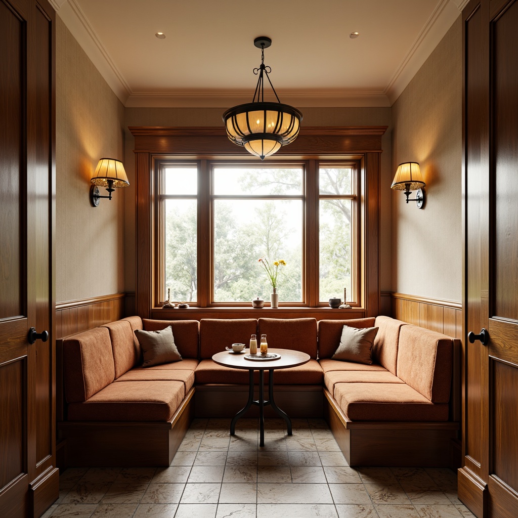 Prompt: Cozy breakfast nook, warm wood paneling, built-in banquettes, plush cushions, rich fabric upholstery, soft morning lighting, elegant chandeliers, cream-colored walls, subtle texture patterns, natural stone flooring, minimal ornamentation, classic academic style, symmetrical composition, 1/1 aspect ratio, soft focus blur, realistic render.