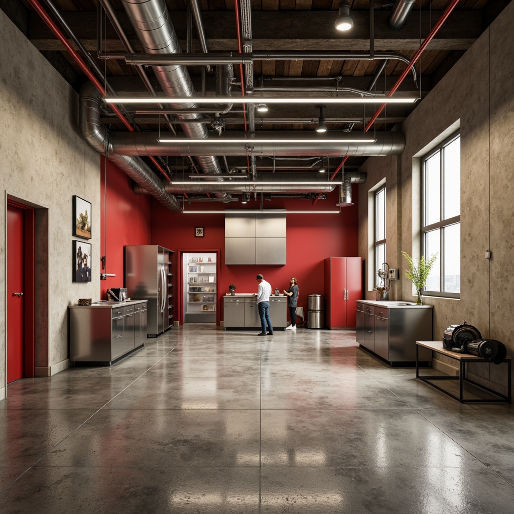 Prompt: Industrial-style garage, exposed ductwork, metallic tones, bold red accents, neutral beige walls, polished concrete floors, sleek steel cabinets, modern LED lighting, warm task lighting, contrasting color blocks, 3D visual interest, dynamic composition, atmospheric perspective, realistic textures, ambient occlusion.