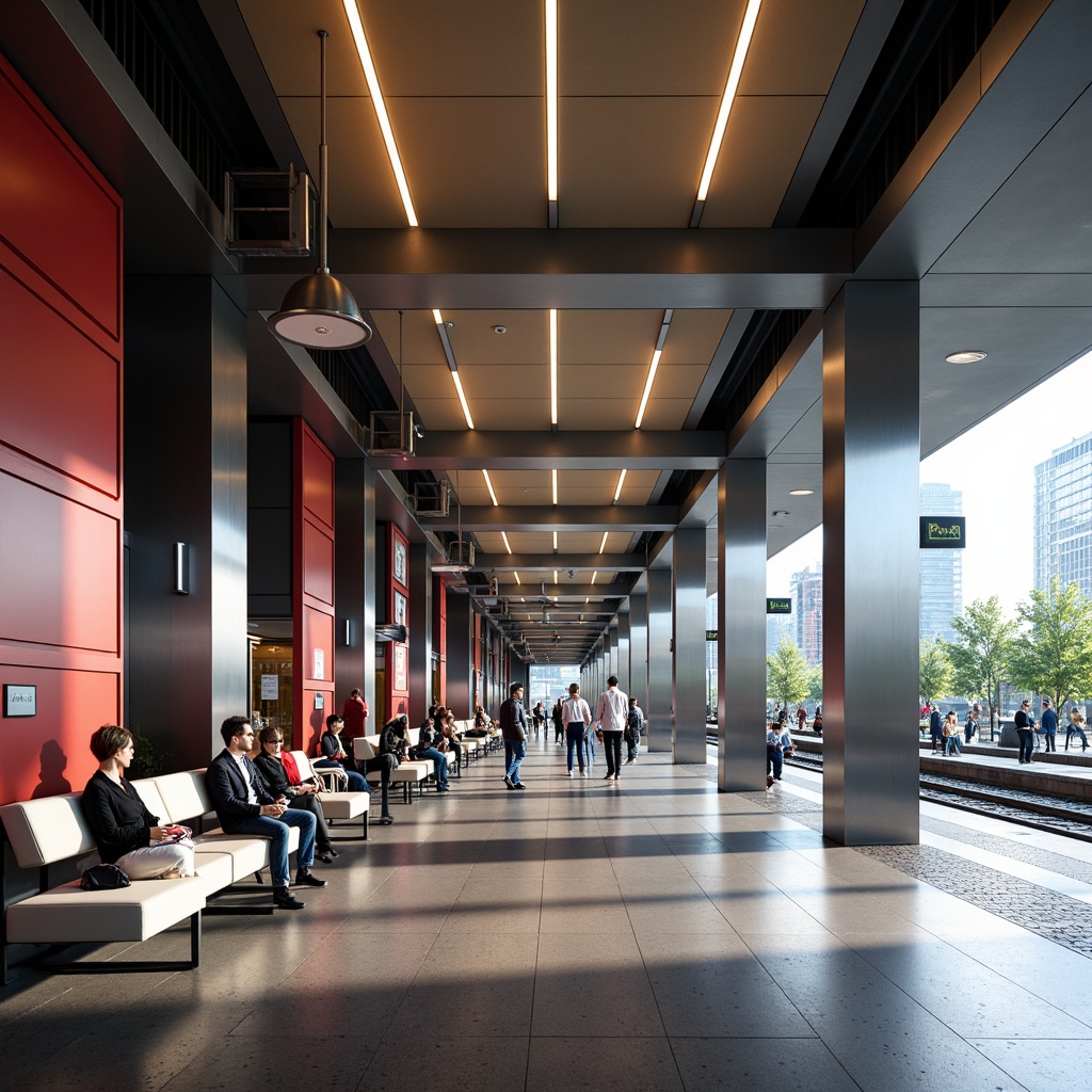 Prompt: Sleek train station interior, modern wall finishes, metallic accents, glossy surfaces, vibrant color schemes, geometric patterns, LED lighting, stainless steel columns, minimalist benches, futuristic signage, high-traffic flooring, durable materials, noise-reducing acoustic panels, urban atmosphere, bustling crowd, natural light pouring in, shallow depth of field, 1/1 composition, realistic textures, ambient occlusion.