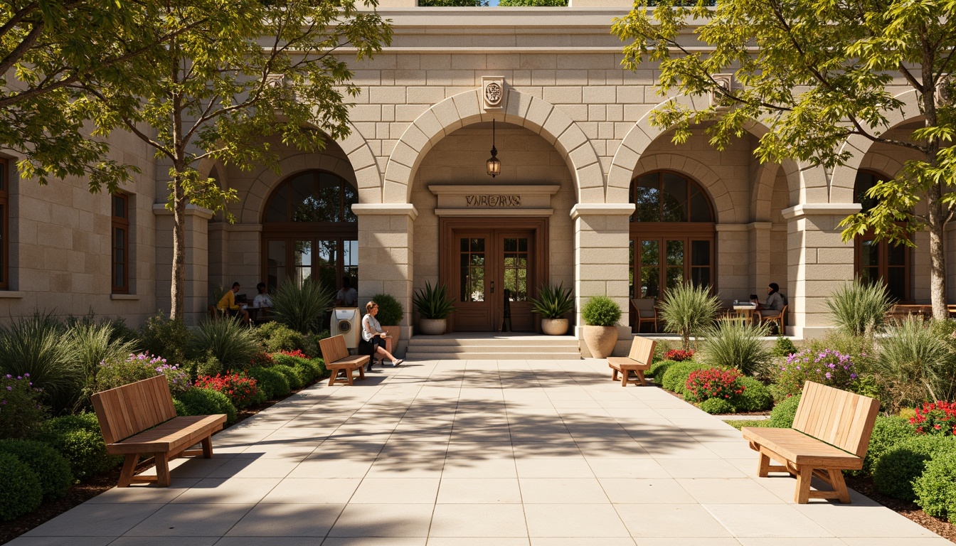 Prompt: Earthy tones, natural stone walls, weathered wooden benches, lush greenery, vibrant flowers, academic emblems, classic columns, arches, ornate carvings, neutral beige pavement, warm sunny day, soft diffused lighting, shallow depth of field, 3/4 composition, panoramic view, realistic textures, ambient occlusion.