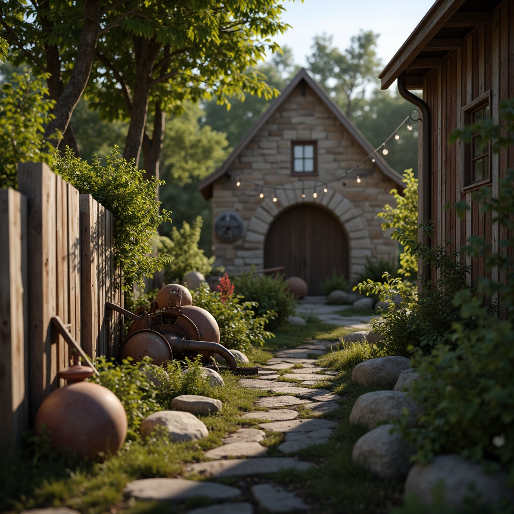 Prompt: Weathered wooden fences, overgrown vegetation, vintage farm equipment, distressed stone walls, rusty metal decorations, earthy color palette, natural textures, warm soft lighting, shallow depth of field, 1/2 composition, cinematic atmosphere, realistic character modeling, subtle animations, organic environment integration.