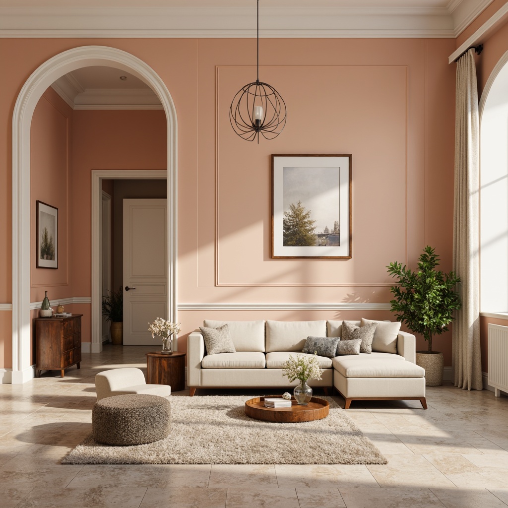 Prompt: Monochromatic interior design, pastel color scheme, soft peach walls, creamy white trim, warm beige furniture, rich walnut accents, plush area rugs, natural stone flooring, subtle texture contrast, ambient warm lighting, 1/1 composition, shallow depth of field, realistic material textures.