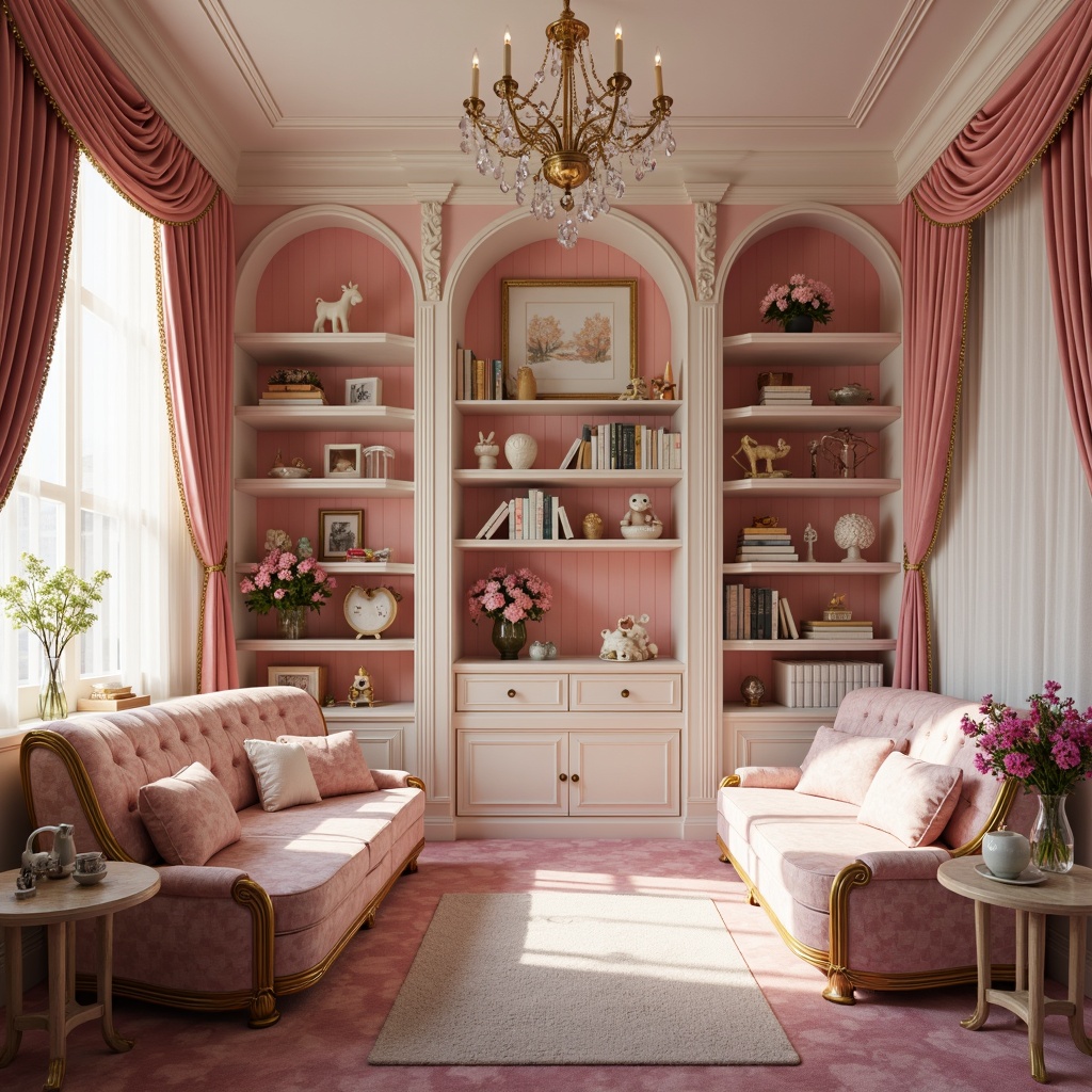 Prompt: Whimsical kid's room, Rococo style furniture, ornate carvings, pastel color palette, plush velvet fabrics, golden accents, curved lines, delicate patterns, soft pink walls, creamy white trim, lavish drapes, crystal chandeliers, toy-filled shelves, playfully arranged books, vibrant flower arrangements, morning sunlight, warm gentle lighting, shallow depth of field, 1/2 composition, realistic textures, ambient occlusion.