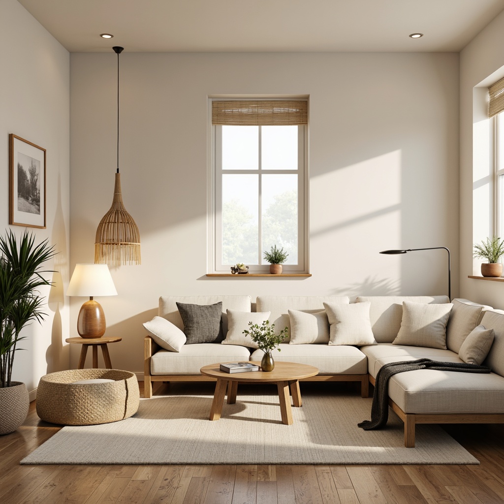 Prompt: Cozy living room, Nordic minimalism, soft warm glow, table lamps, floor lamps, pendant lights, natural linen shades, creamy white walls, light wood flooring, minimal ornamentation, functional simplicity, comfortable textiles, woven baskets, greenery accents, warm beige tones, soft diffused lighting, 1/1 composition, shallow depth of field, realistic textures, ambient occlusion.