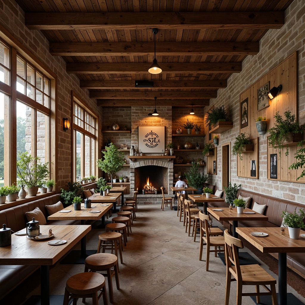 Prompt: Rustic farmhouse style restaurant, exposed wooden beams, vintage farm tools, reclaimed wood tables, metal lanterns, earthy color palette, natural stone walls, brick floors, cozy fireplace, plush armchairs, warm soft lighting, shallow depth of field, 3/4 composition, panoramic view, realistic textures, ambient occlusion, lush greenery, potted plants, wooden crates, country-style signage, rustic metal decor, farmhouse-inspired artwork, soft warm ambiance, inviting atmosphere.