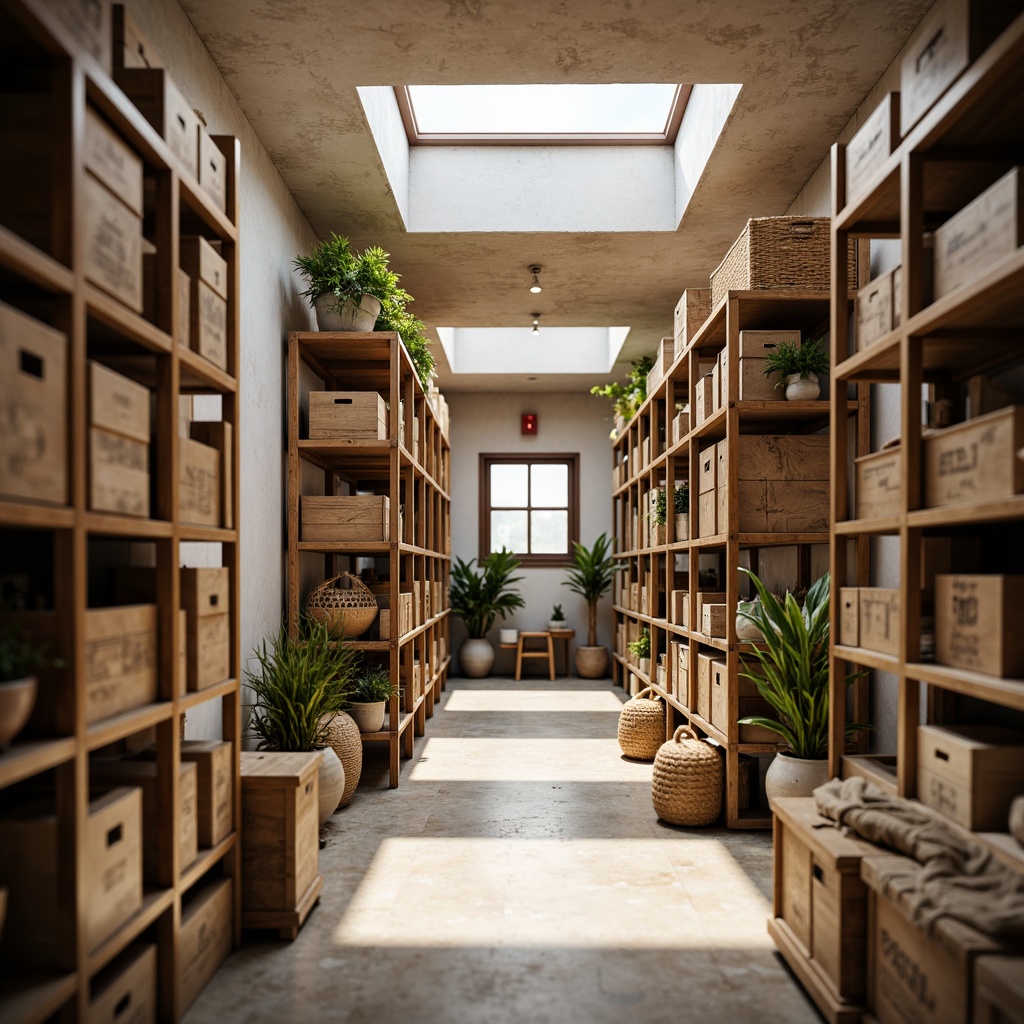 Prompt: Cozy storage room, wooden crates, rustic shelving, earthy tones, soft warm lighting, clerestory windows, skylights, reflective surfaces, light-colored walls, minimal obstacles, organized storage, labels and signs, industrial metal racks, reclaimed wood accents, natural textiles, woven baskets, airy atmosphere, shallow depth of field, 1/1 composition, realistic textures, ambient occlusion.