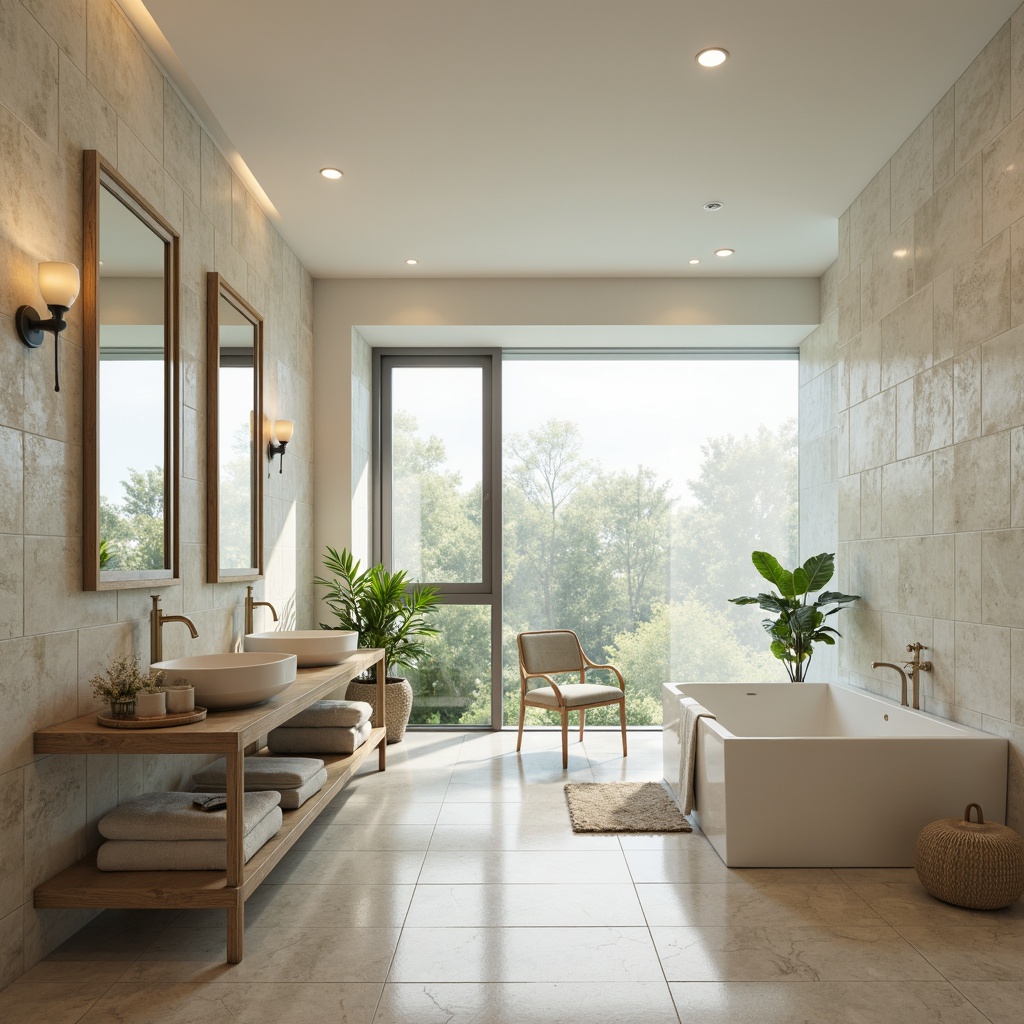 Prompt: Calming bathroom ambiance, soft pastel hues, creamy whites, warm beige tones, spa-inspired blues, refreshing greens, natural stone textures, glass tile accents, metallic fixtures, modern sink designs, ambient lighting, subtle shadows, 1/2 composition, shallow depth of field, realistic reflections.