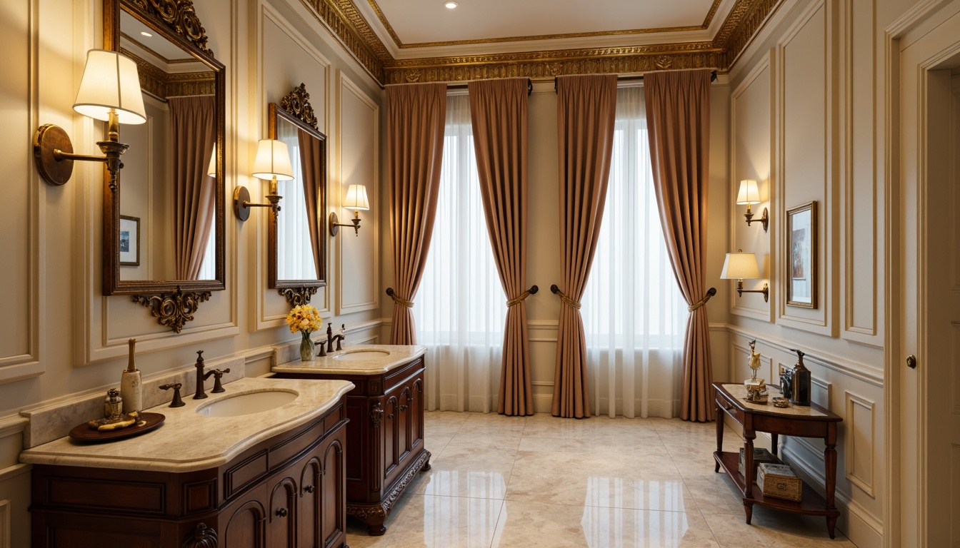 Prompt: Elegant powder room, soft creamy walls, ornate gold molding, rich velvet drapes, antique wooden furniture, vintage decorative accents, luxurious marble countertops, warm ambient lighting, subtle texture contrast, shallow depth of field, 1/1 composition, realistic reflection, academic architectural style, sophisticated color palette, refined interior design, classic wall paneling, intricate wallpaper patterns.